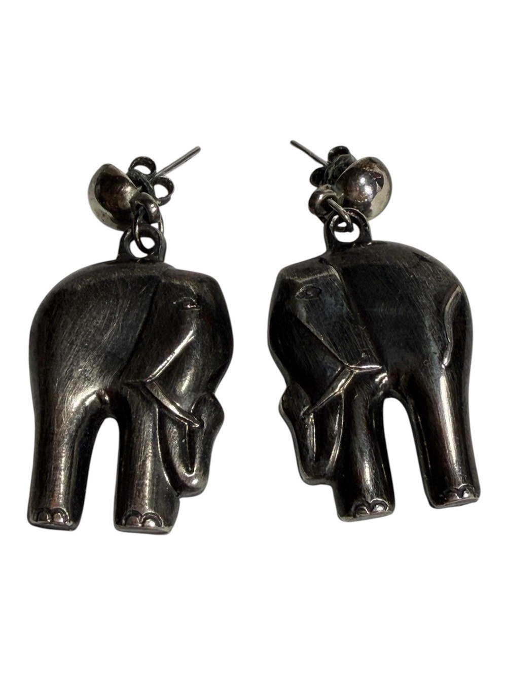 Dark Weathered Silver Gray Elephant Dimensional Dangle Earrings Boho Ethnic